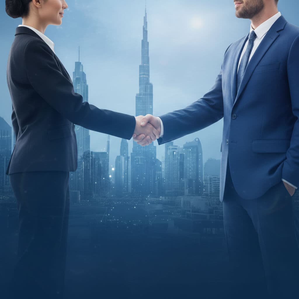 Two professionals shaking hands on a UAE business setup