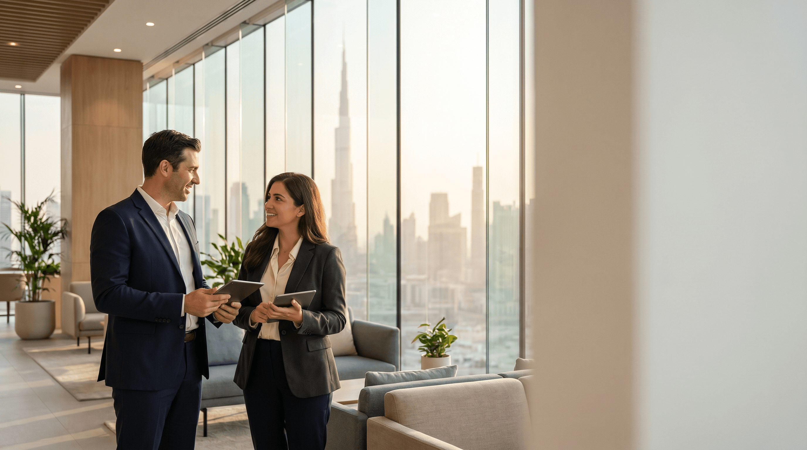 Two Velare advisors in a modern Dubai office with the city skyline behind them.