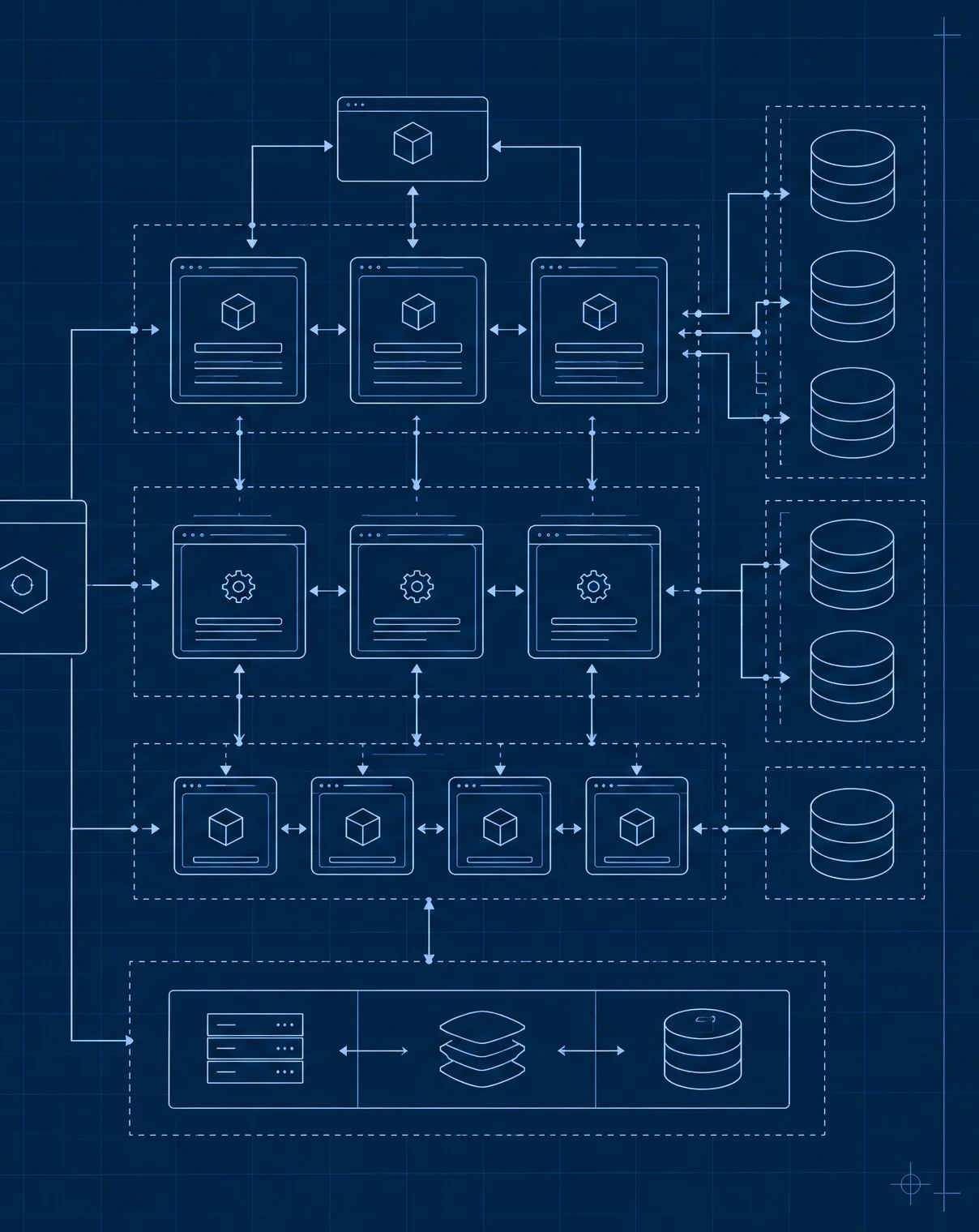 Blueprint-style diagram of a custom CRM system on a navy background