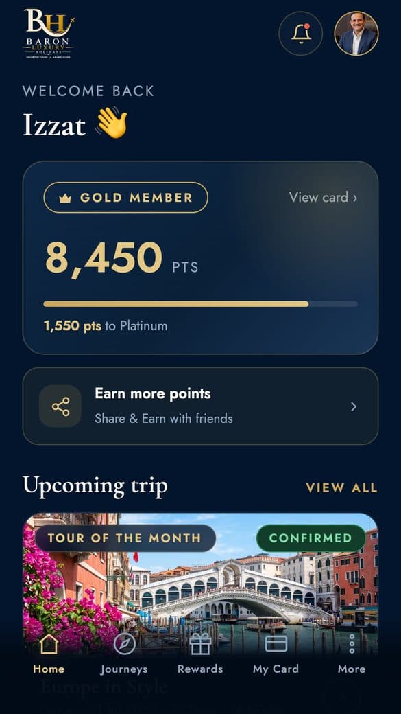 Loyalty mobile application — Baron Luxury Holidays, screen 2
