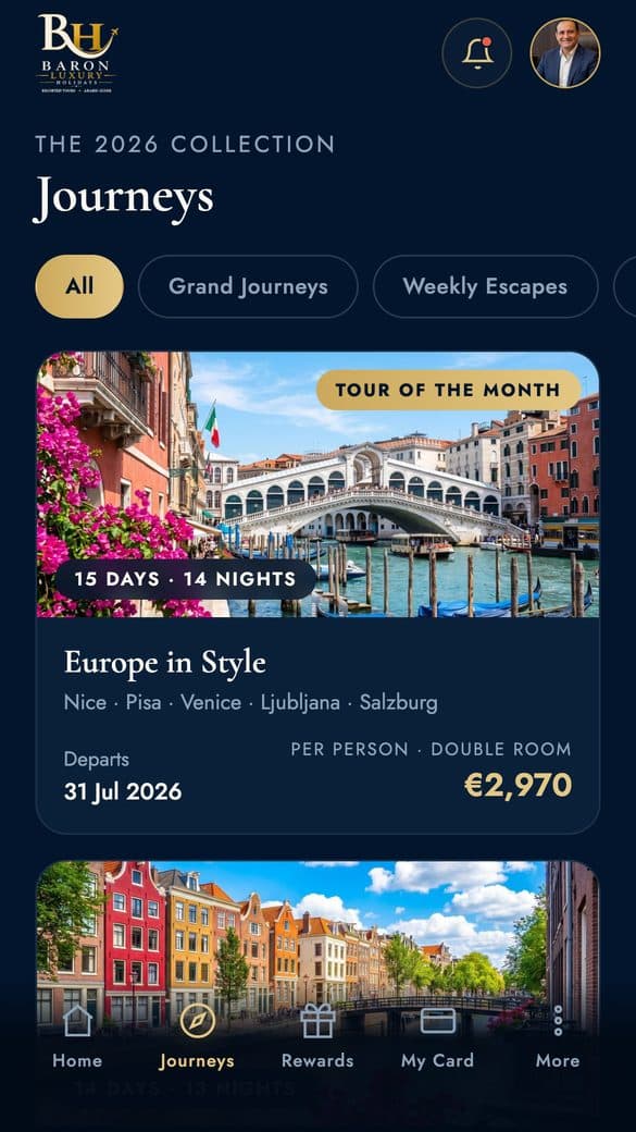 Loyalty mobile application — Baron Luxury Holidays, screen 1