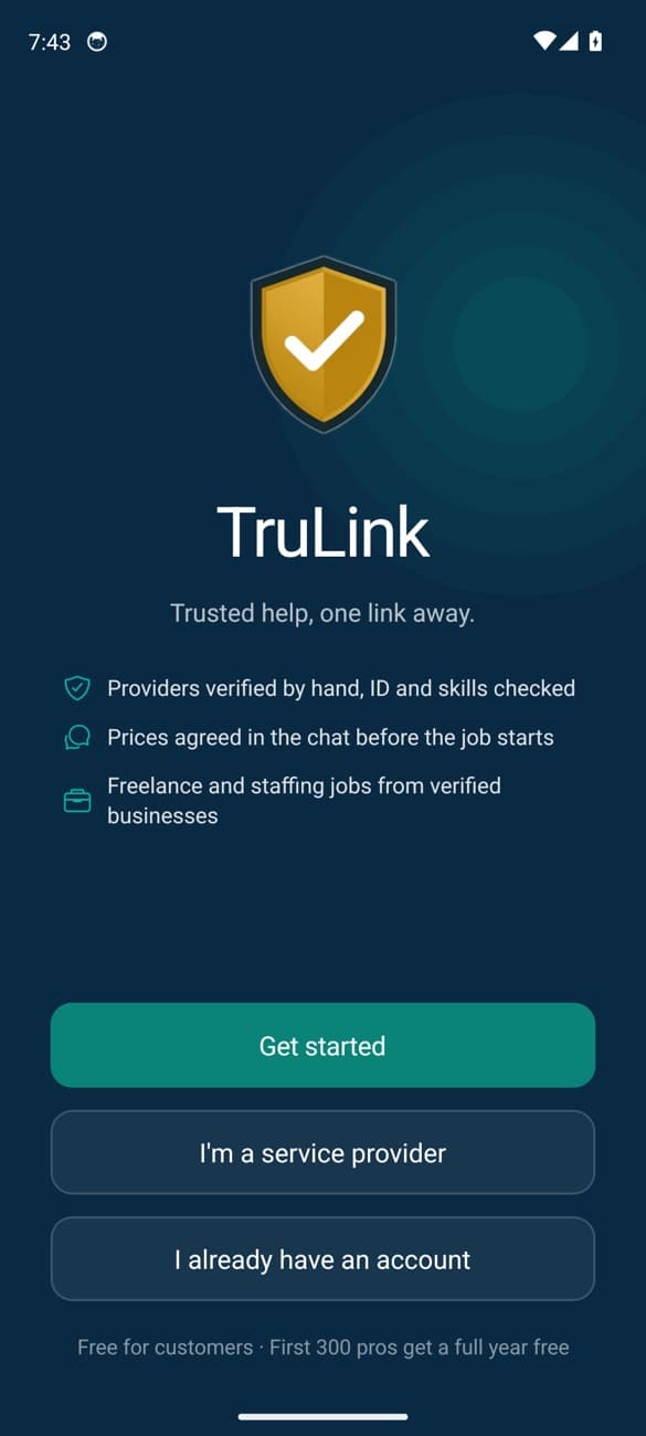 Services marketplace app — TruLink Caribbean, screen 1